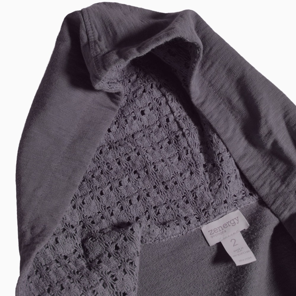 Chico's Hooded Crochet Cardigan Gray Ruffle Lace Open Front Jacket Large 0X 1X - Picture 4 of 7